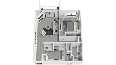 A white floor plan of a small apartment with a kitchen, living room, and bathroom.